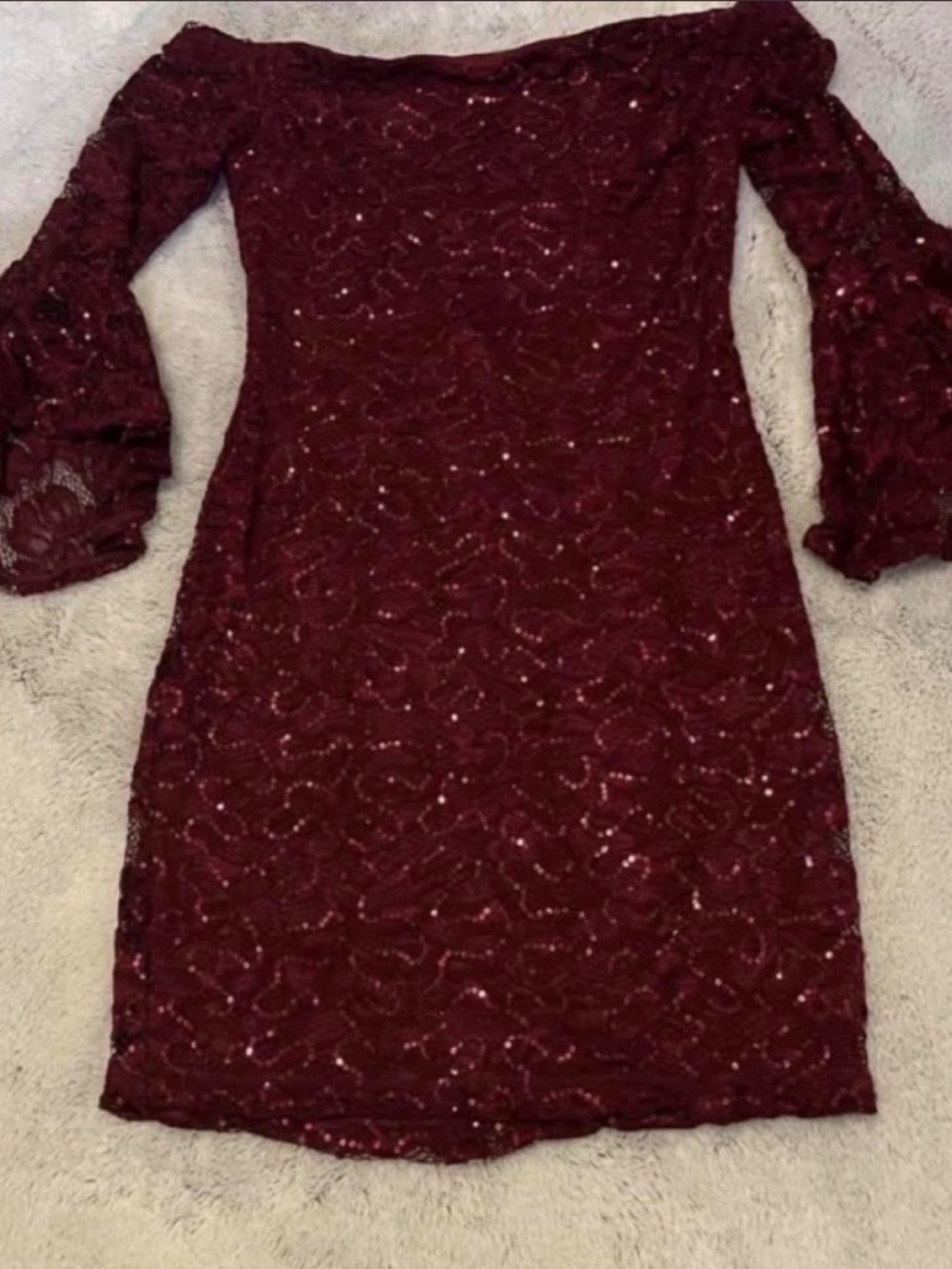 Burgundy Teeze-me: sequin mini dress with bell sleeves in a size 7/8.
